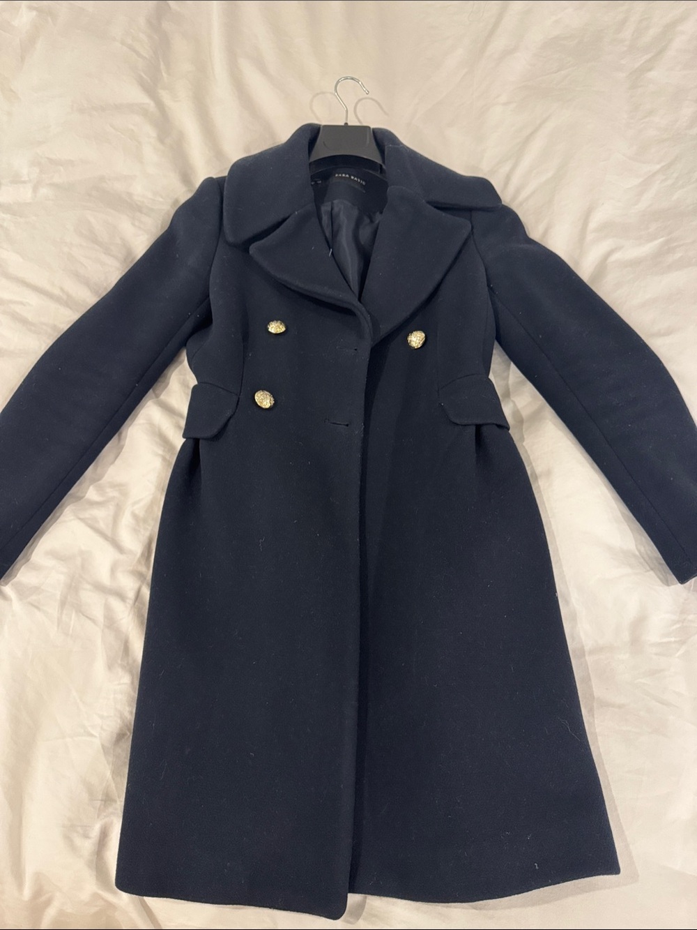 Zara Navy Double-Breasted Pea Coat with Gold Buttons